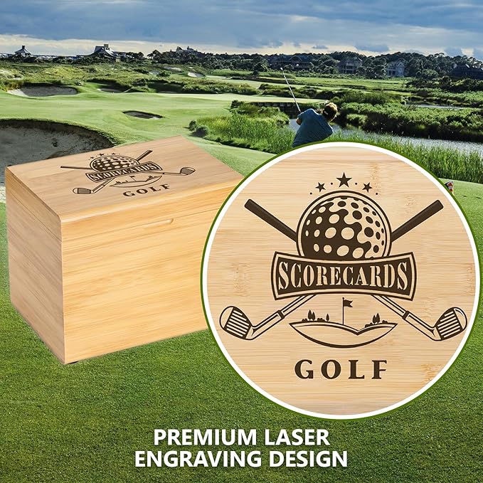 Golf Storage Box Golf Gifts - Golf Scorecard Collection Box with 5 Wooden Dividers - Golf Organizer for Scorecards, Photos, Keepsakes; Fathers Day Dad Gifts for Men from Wife (Yellow)