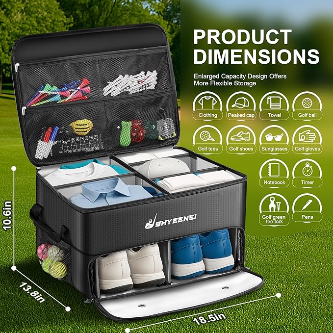 Golf Trunk Organizer, Improved Version 2-Layer Golf Storage Locker, with Ventilated Shoe Compartment, Waterproof & Eco-Friendly Golf Organizer for Car Trunk, Travel, and Daily Use