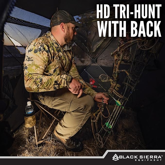 Black Sierra HD Tri-Hunt with Back Hunting Stool, Foldable Tripod Seat w/Steel Frame Supports 300-lb, Heavy Duty Fishing Chair Features Cup-Holder & Carry Shoulder Strap, for Camping