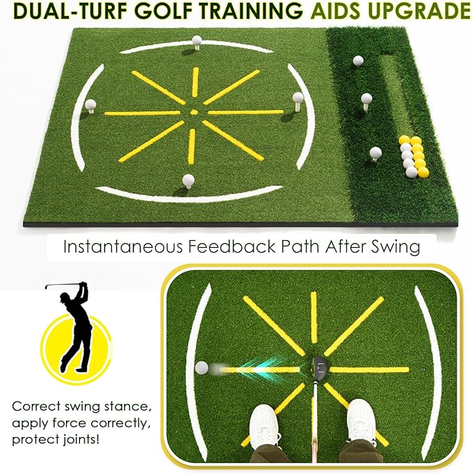 Golf Mat with Dual Turf, 5x4ft Thickened Golf Hitting Mat with Standing Guide-Line & Swing Path Line, Practice Mats for Indoor or Outdoor Use, Gifts for Men Dad & Golfers