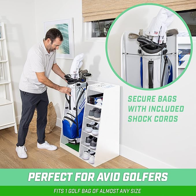 GoSports Premium Wooden Golf Bag Organizer and Storage Rack - Black, White or Brown Finish