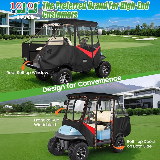 10L0L 4 Passenger Golf Cart Driving Enclosure for Club Car Precedent with Short Roof Up to 57", 4-Sided Clear Window 600D Rain Cover All Weather Windproof Waterproof - Black with Red