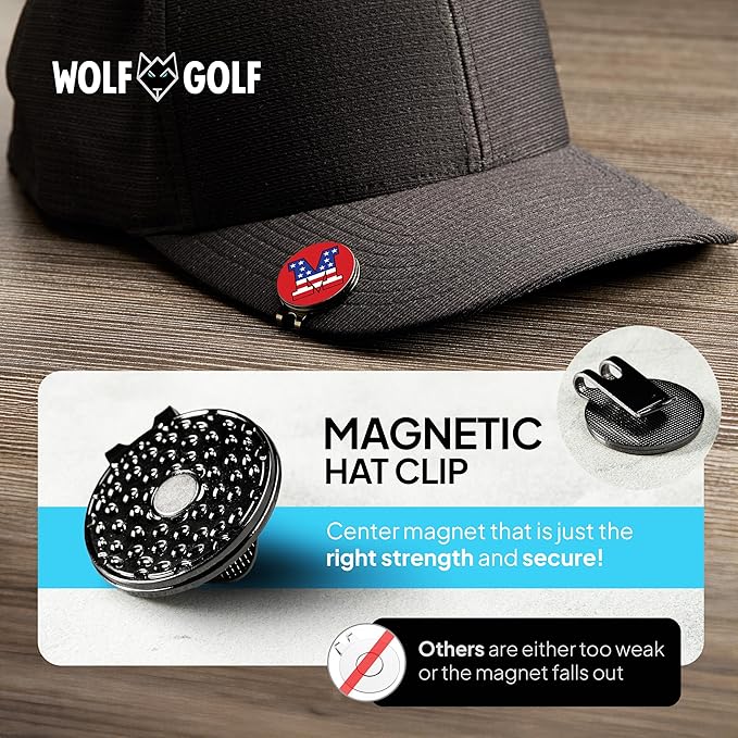 Wolf Golf Towels Golf Ball Marker Hat Clip | USA Monogram | 1 Magnetic Clip + 3 Ball Markers | Patriotic Golf Accessories for Men & Women