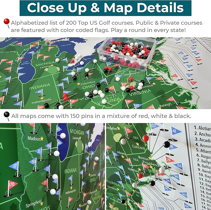 Push Pin Travel Maps Customizable Wall Art - Top Golf Courses USA Map - Rustic Black - Personalized Framed Pin Map, Includes 150 Pins - Handcrafted in USA - 27.5" x 39.5"