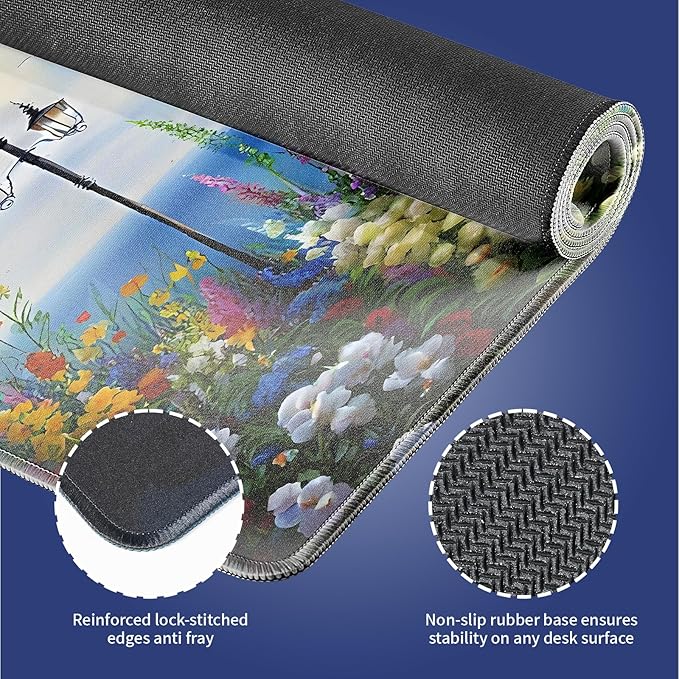 Extended XXL Gaming Mouse Pad with Stitched Edges - Sailing Boats Seaside Paradise Vibrant Flowers Blossoms Haven Scenery by The Calm Blue Sea, Smooth Fabric Surface Anti-Slip Base Large Desk Mat