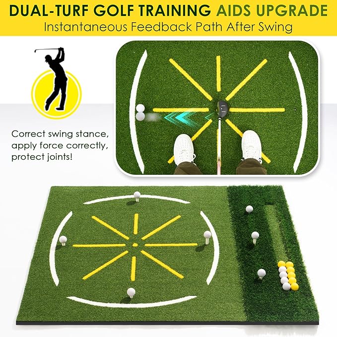 Golf Mat with Dual Turf, 5x4ft Thickened Golf Hitting Mat with Standing Guide-Line & Swing Path Line, Practice Mats for Indoor or Outdoor Use, Gifts for Men Dad & Golfers