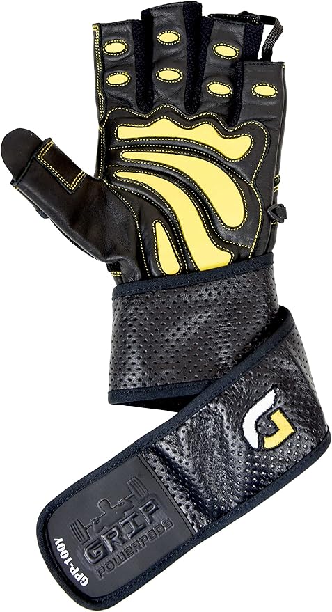 Elite Leather Gym Gloves with Built in 2" Wide Wrist Wraps Grip & Design for Weightlifting Power Lifting Bodybuilding & Strength Training Workout Exercises