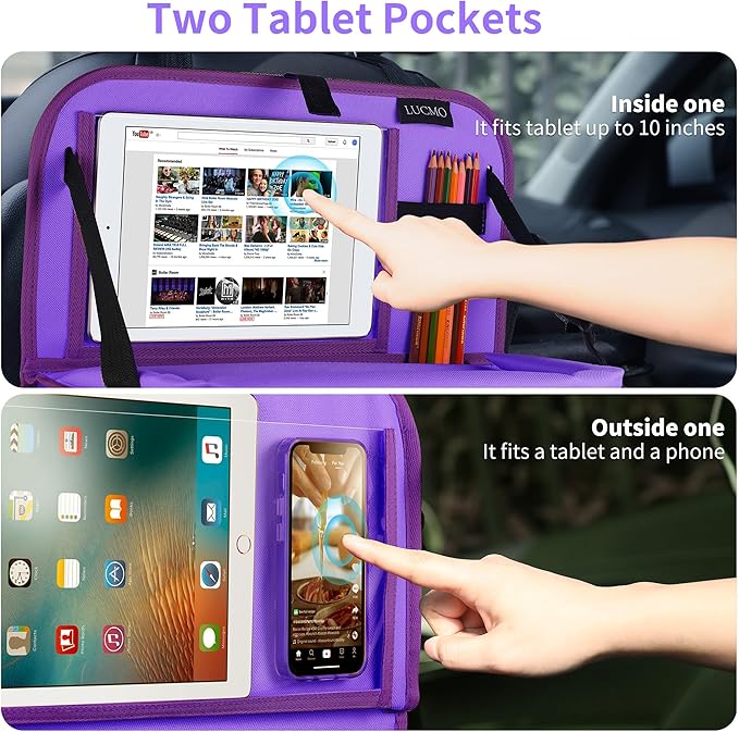 LUCMO Car Backseat Organizer with Tablet Holder,6 Storage Pockets Car Storage Organizer with Foldable Food Tray,Seat Protectors Kick Mats Travel Accessories-Dark Purple