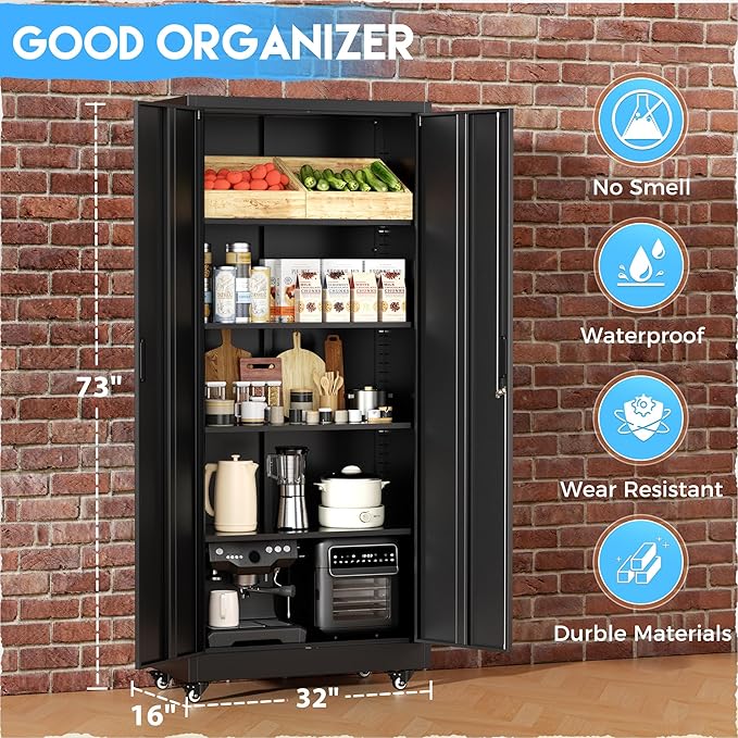 Greenvelly Metal Garage Storage Cabinet with 4 Swivel Wheels, 73” Black Storage Cabinet on Wheels, Rolling Tool Cabinet with Locking Doors and Shelves for Home, Basement, Kitchen Pantry, Warehouse