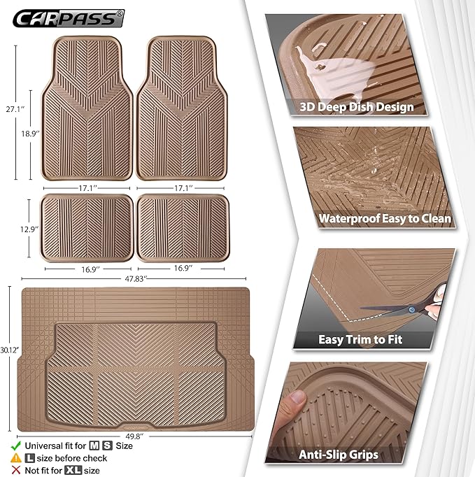 CAR PASS Universal Car Floor Mats & Cargo Liner Full Set, Waterproof Anti-Slip Rubber Trim to Fit Trunk Mats All Weather Protection Fit Car SUV Sedan Coupe Vehicle Automotive 5 Pieces, S-M Size Beige