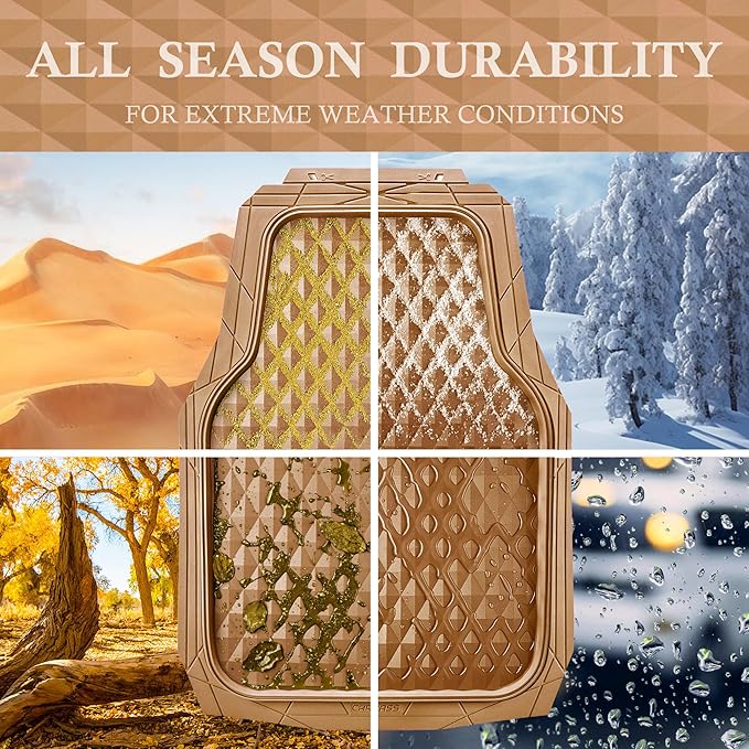 CAR PASS Heavy Duty Rubber Car Mats, Deep Dish All-Weather Floor Mat for Car Full Set Durable Anti-Slip 3D Rhombus Waterproof Trim to Fit Liner Universal Fit Automotive,Sedan,SUV,Truck, 3 Piece Beige
