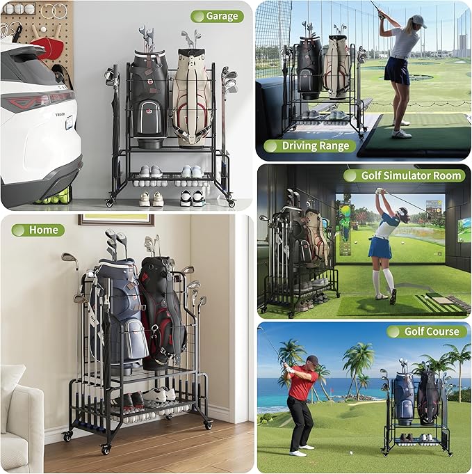 2 Golf Bag Storage Organizer Stand for Garage Heavy Duty Metal Golf Bags Storage Rack with Wheels Wave Club Holder 2 Drawers & Shoe Rack for Home Basement Shed