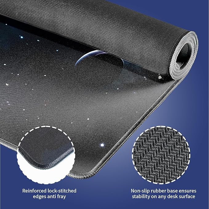 Wknoon. Extra Large Gaming & Office Mouse Pad (31.5" x 11.8") – Space Planets Navy Blue Galaxy, Premium Anti-Slip XXL Desk Mat with Durable Stitched Edges