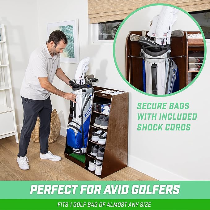 GoSports Premium Wooden Golf Bag Organizer and Storage Rack - Black, White or Brown Finish