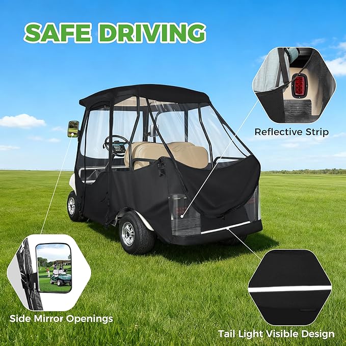 10L0L 4 Passenger Golf Cart Enclosure for Club Car DS Short Roof, 600D Waterproof Golf Cart Rain Cover, Heavy Duty Driving Enclosure, Snowproof Windproof, with Clear PVC Windows & Tail Light Panel