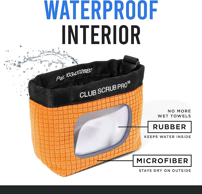 Club Scrub Golf Club and Golf Ball Cleaning Bag, Waterproof Clean Face Technology Liner, Detachable Clip, Machine Washable, Cleans Club Grooves, Dry Exterior (Neoprene or Microfiber Option Available)