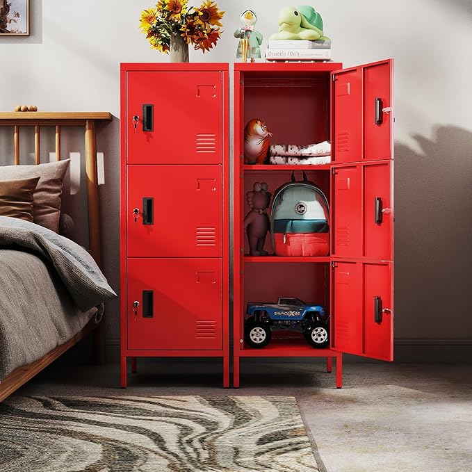 Aobabo 16" W 3 Door Metal Storage Locker with Lock, 47" H Steel Locker with Name Card Holder and Metal Leg for School, Home, Office, Playroom, Assembly Required, Red