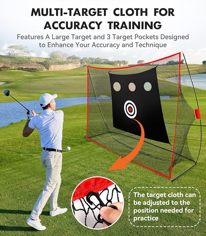 Golf Net: 10x7ft Heavy Duty Golf Practice Net for Indoor/Outdoor Training, Portable Golf Hitting Net with Carry Bag, Ideal Golf Training Aid for Golfers Backyard Driving Chipping Swing (Standard)