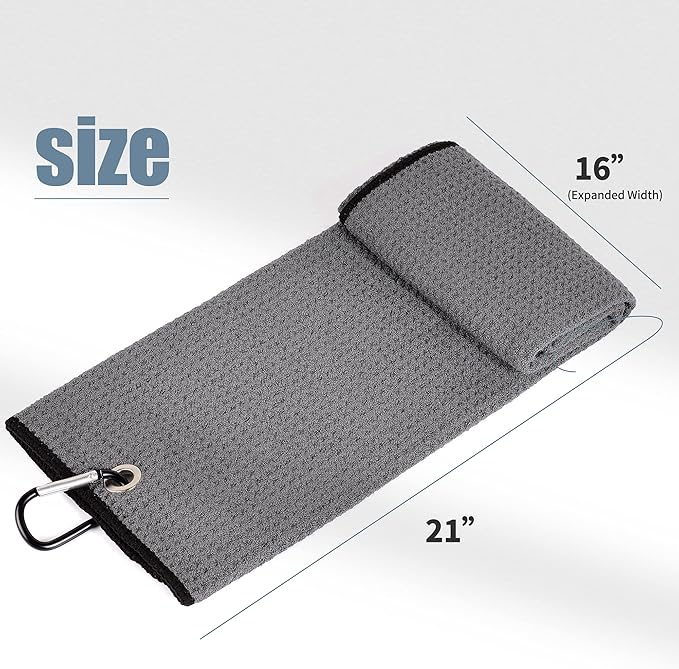 Mile High Life Tri-fold Golf Towel | 16" X 24" | Premium Microfiber Fabric | Waffle Pattern | with Heavy Duty Carabiner Clip | for Men and Women (2 Pack Dark Gray)