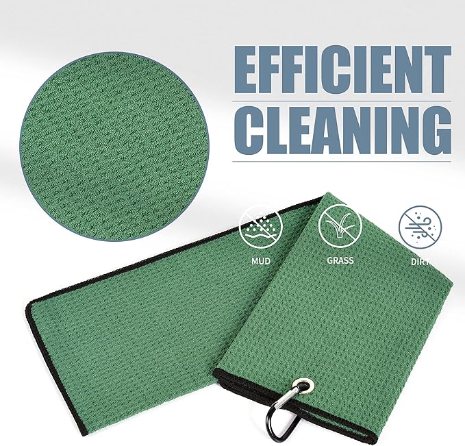 Mile High Life Tri-fold Golf Towel | 16" X 24" | Premium Microfiber Fabric | Waffle Pattern | with Heavy Duty Carabiner Clip | for Men and Women (2 Pack Green)