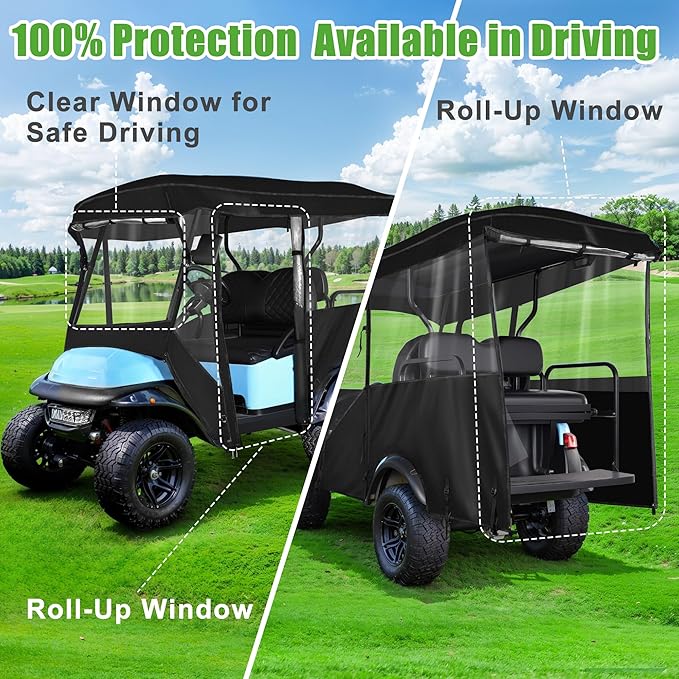 4 Passenger Golf Cart Enclosure Universal Rain Cover, 600D Waterproof Driving Enclosure for Club Car EZGO RXV TXT Yamaha, 93.7 Inch in Roof, 93-3/4" Top
