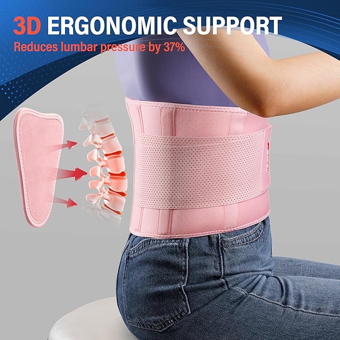 FEATOL Back Brace for Lower Back Pain, Breathable Back Support Belt for Women & Men with Lumbar Pad, Lumbar Support Belt for Heavy Lifting & Work, Pink, 4XL (Circumference:63-68")