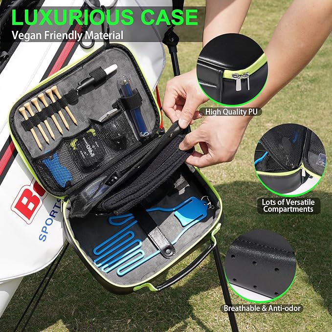 GAIARENA Golf Essential Accessories Kit with Luxury Carrying Case Bag, Golf Gift for Golfers, Golf Ball Liner Towel Cleaning Brush Divot Repair Tool Club Groove Sharpener