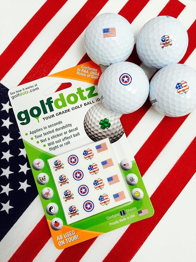 Golfdotz - USGA Rule Conforming Novelty Golf Ball Markers, Golf Ball Stickers for Marking Balls, No More Smearing from Stamps, Gifts for Golfers, Dads, and Retirees, (USA Collection; 32-Count)