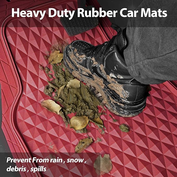 CAR PASS Heavy Duty Rubber Red Car Floor Mats & Cargo Liners, Deep Dish All-Weather Trunk Mats Durable Anti-Slip 3D Rhombus Waterproof Trim to Fit Liner Universal Fit Auto,Sedan,SUV,Truck, Burgundy