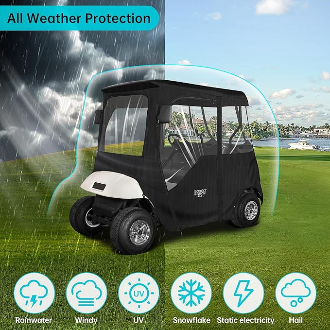 10L0L 2/4 Passenger Golf Cart Driving Enclosure for EZGO TXT/RXV Model, 4-Sided Clear Window 600D Rain Cover All Weather Windproof Waterproof - Black/Beige