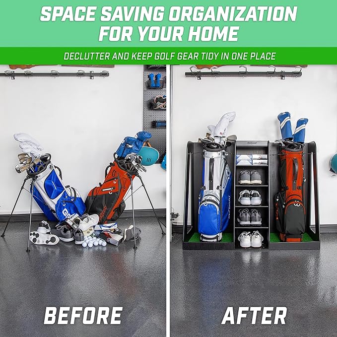 GoSports Premium Wooden Golf Bag Organizer and Storage Rack - Black, White or Brown Finish - Holds 2 Golf Bags