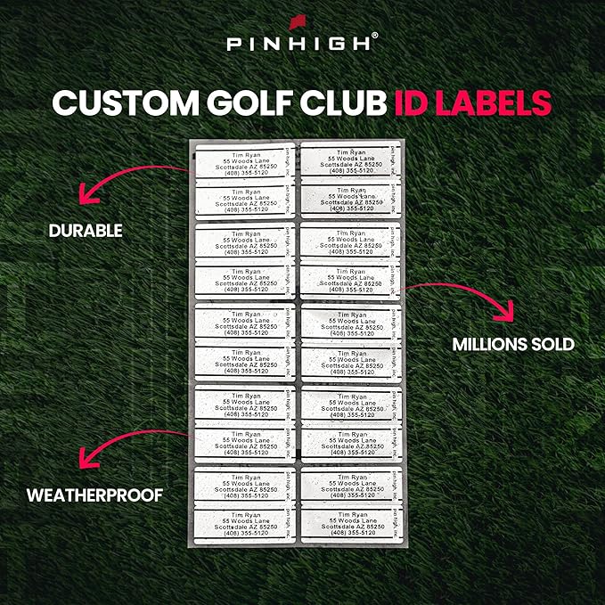 PIN HIGH 20 Personalized Golf Club Labels | Weatherproof, Fade Resistant, Laminated Thermal Transfer Customer ID Labels, Made in The USA, (Free Customization & Shipping), Chrome