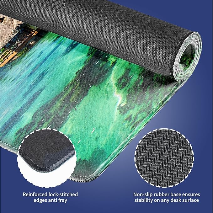 Extended XXL Gaming Mouse Pad with Stitched Edges - Tropical Paradise Overwater Bungalows with Clear Coral Reefs Summer Vacation, Smooth Surface Anti-Slip Base Large Desk Mat for Mice & Keyboard