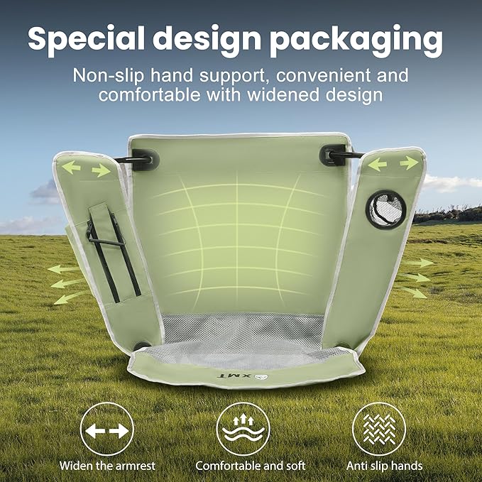 Portable Outdoor Folding Chair with Cup Holder & Cooler Bag - Breathable Mesh, Wide Armrests, Ergonomic Design for Camping, Beach, Backyard - Includes Storage Bag & Bottle Opener (Black/Green/Red)