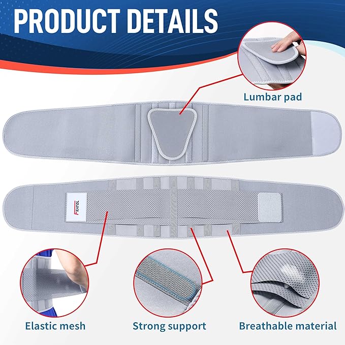 FEATOL Back Brace for Lower Back Pain Women, Breathable Back Support Belt for Women & Men with Lumbar Pad, Lumbar Support Belt for Heavy Lifting & Work, Scoliosis, Grey, 2XL (Circumference:38.6-51.2")