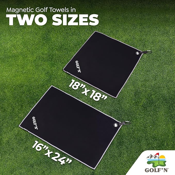 Golf'N Microfiber Towel - Magnetic Golf Towel Black 18" x 18" Golf Towels for Golf Bags with N52 Heavy Duty Magnets, Carabiner Clip & Cross Stitched Reinforced Loop, Premium Golf Accessories